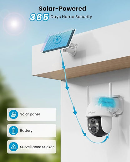 ieGeek Security Cameras Wireless Outdoor, 2K Solar WiFi Camera for Home Security System, Battery Powered Surveillance Cam with Solar Panel, 360° PTZ Color Night Vision, Motion Sensor, Works with Alexa
