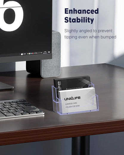 Uniclife 2 Pack Acrylic Business Card Holder for Desk 2 Slots Clear Business Card Display Stand for Men & Women Desktop Business Card Organizer Card Stand for Office Home Exhibition, 120 Card Capacity
