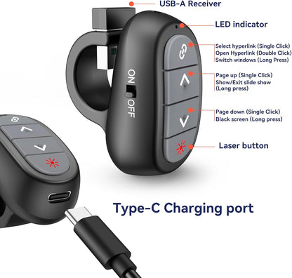 Presentation Clicker Wireless Presenter Remote: USB Rechargeable Finger Ring Clicker for PowerPoint Presentations, PowerPoint Clicker with Laser Pointer, Multi-OS Compatible