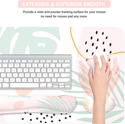 Keyboard Mouse Pad Set, Extended Mouse Pad+Keyboard Wrist Rest Support, Memory Foam Ergonomic Easy Typing, 3Pcs (35.4×15.7 in) Desk Pad Set for Home Office Study Game-Plant