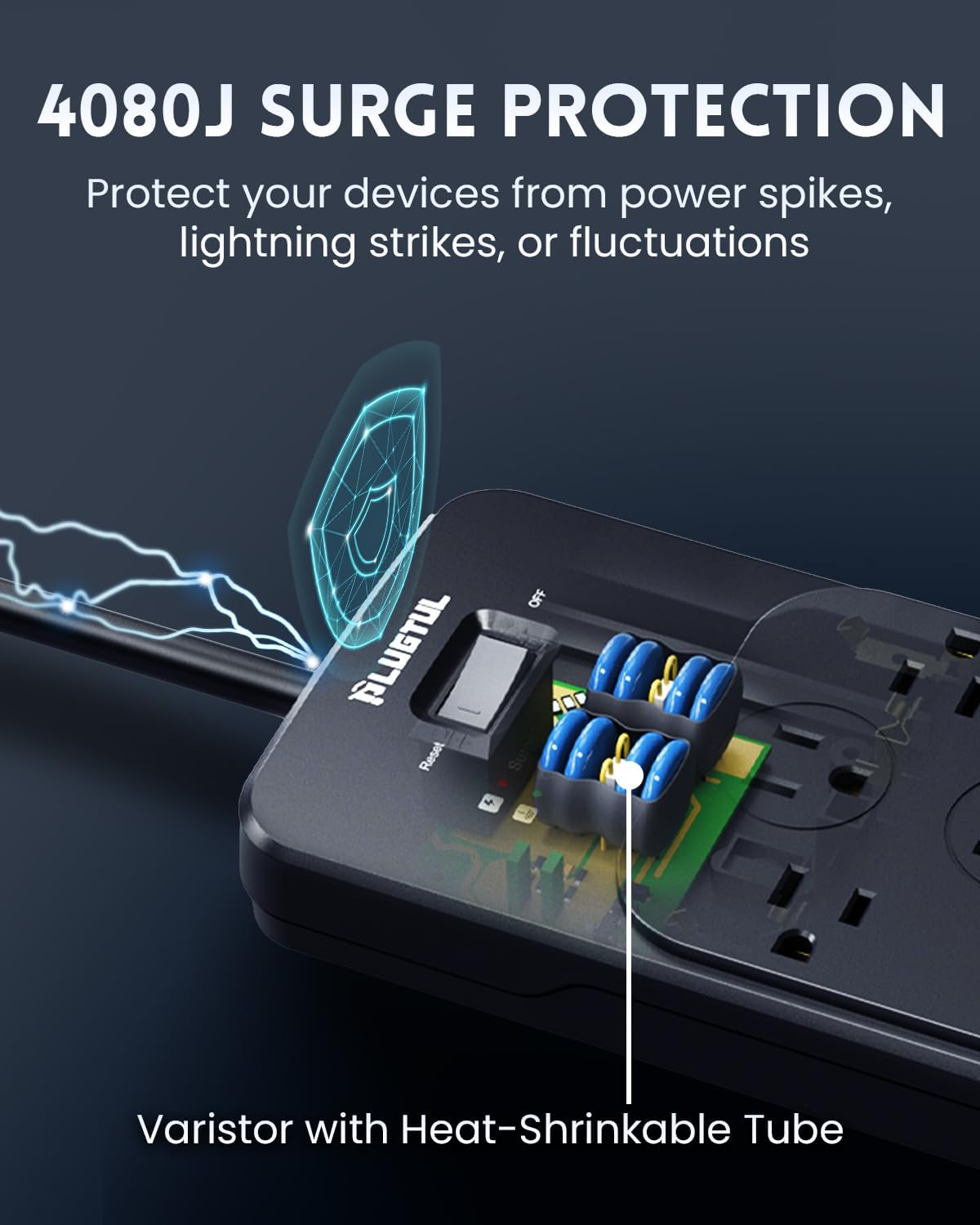 Surge Protector Power Strip 25FT(4080J), PLUGTUL Surge Protector with 12 Outlets - Spacious Design for Large Plugs, Flat Plug, 20W USB C Charging for Home, Office, ETL Listed