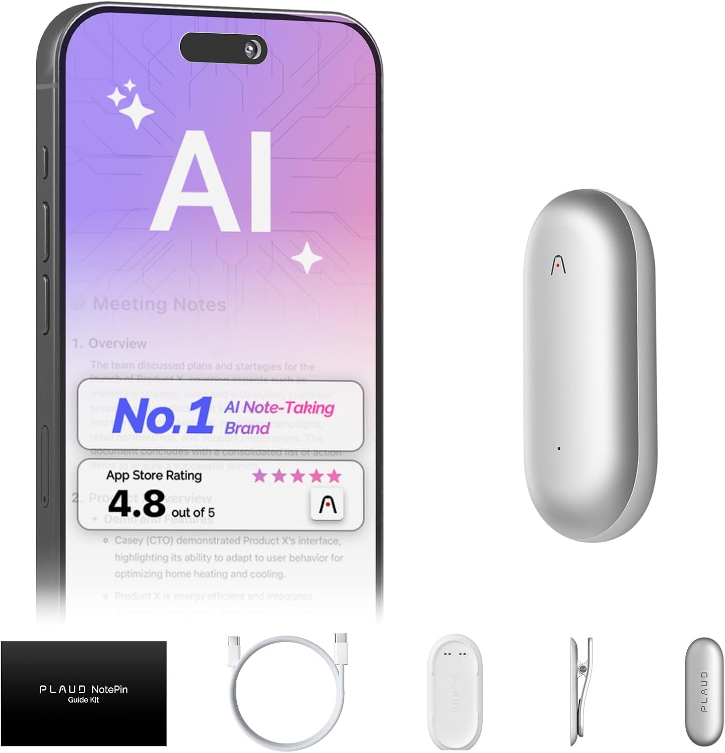 NotePin Voice Recorder, AI Voice Recorder, App Control, AI Notetaker, AI Transcribe & Summarize, Support 112 Languages, 64GB Memory, Audio Recorder for Lectures, Meetings, Lunar Silver