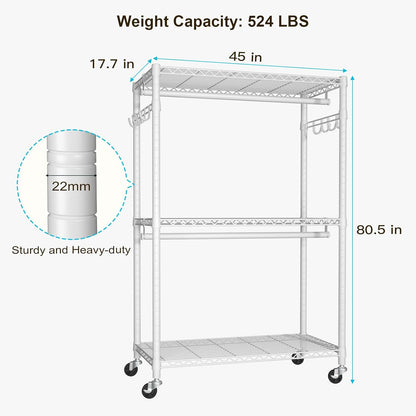 P1 Plus Rolling Clothes Rack, 22mm Diameter Heavy Duty Garment Rack with Wheels, Portable Closet Wardrobe with Double Rods, 45" W x 17.7" D x 80.5" H, Max Load 524 LBS, White