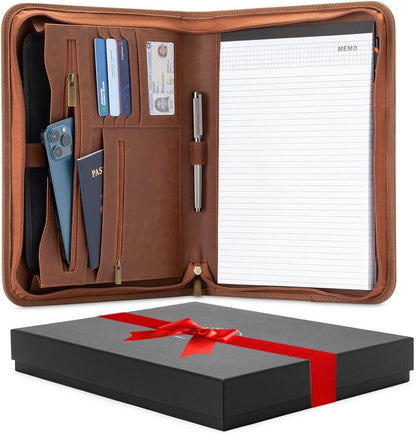 Padfolio Binder - Professional Faux Leather Travel Organizer Pouch for Tablet, Documents, Presentation Folders, Zipper Closure, Notepad - Brown