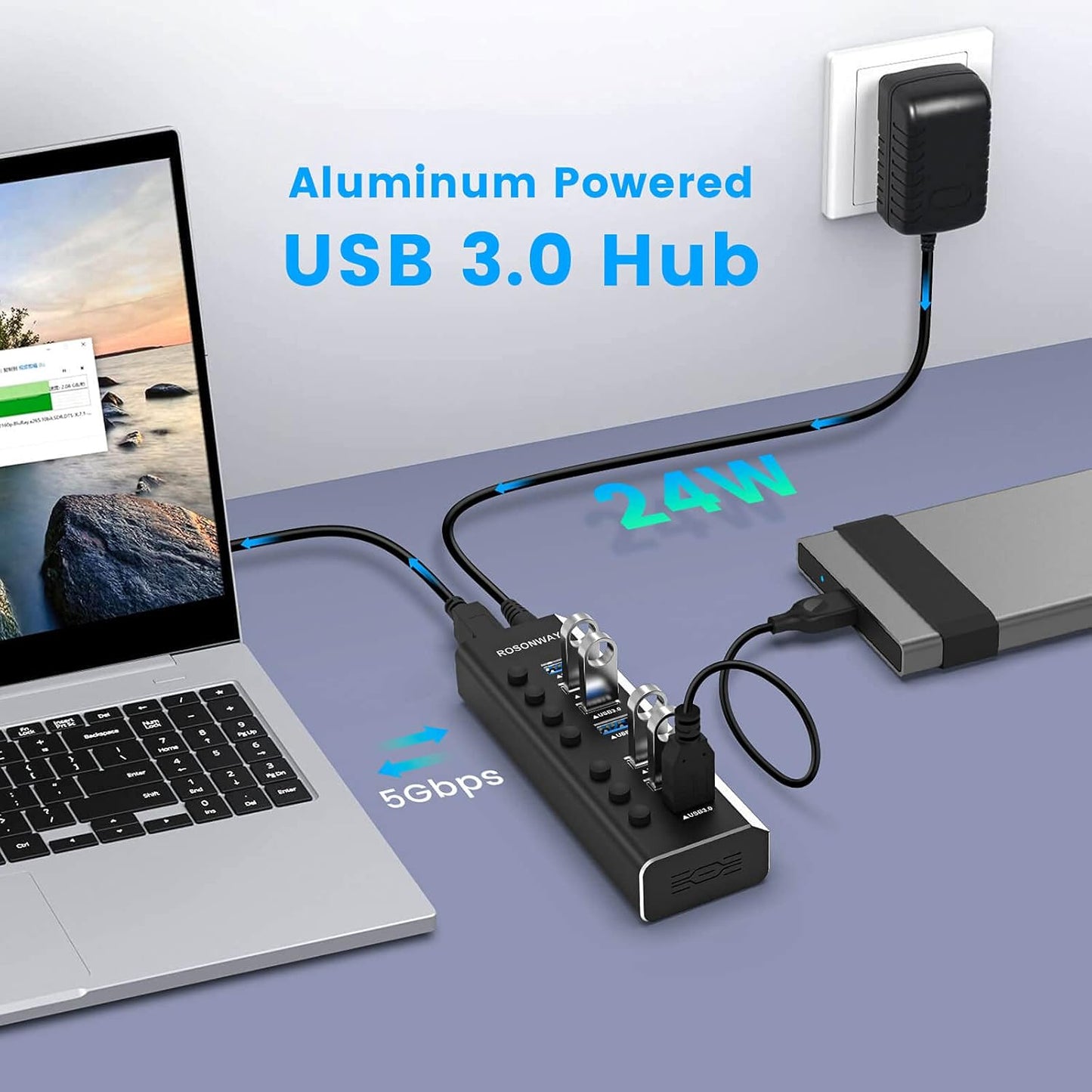 USB Hub 3.0 Powered Rosonway Aluminum 7 Ports USB 3.0 Data Hub Splitter with 24W (12V/2A) Power Adapter and Individual On/Off Switches USB Port Expander for PC and Laptop (RSH-A37S)