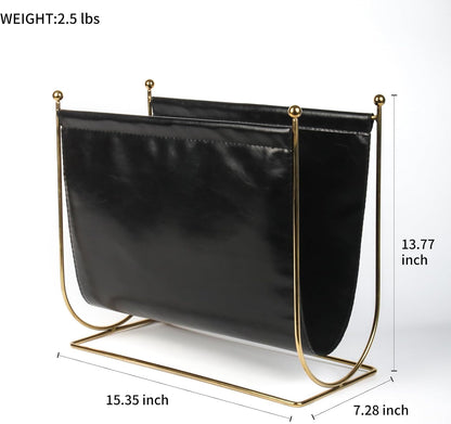 Black Leatherette Magazine Rack Holder, with Metal Ball Bracket,Modern Fashion Style for Books,Newspapers,Home Staging,Bedroom,Hotel,Offices and Living Rooms