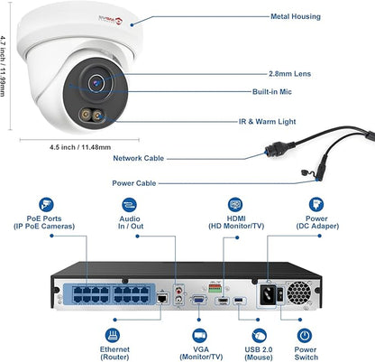 Anpviz 12MP 16CH NVR PoE Security Camera System with AI Human Vehicle Detection, 16x 6MP Wired IP Turret Cameras Outdoor, Built in Mic, 16CH 12MP PoE NVR with 4TB HDD, CCTV for Business Home, NDAA