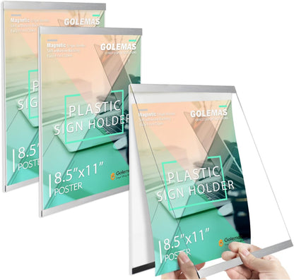 Acrylic Magnetic Sign Holder, Easy-Opening 8.5 x 11 Wall Mount Display Frames, Self Adhesive Back Plastic Clear Document Frame, Silver Aluminium Strips Frame (8.5 x 11, 3Pack)
