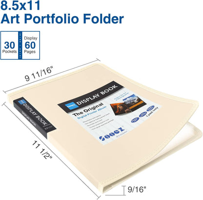 Sooez 30-Pocket Binder with Plastic Sleeves 8.5x11 (Ivory), Heavy Duty Art Portfolio Folder with Clear Sheet Protectors, Display 60 Pages, Presentation Book for Artwork, Document Organizer Binder