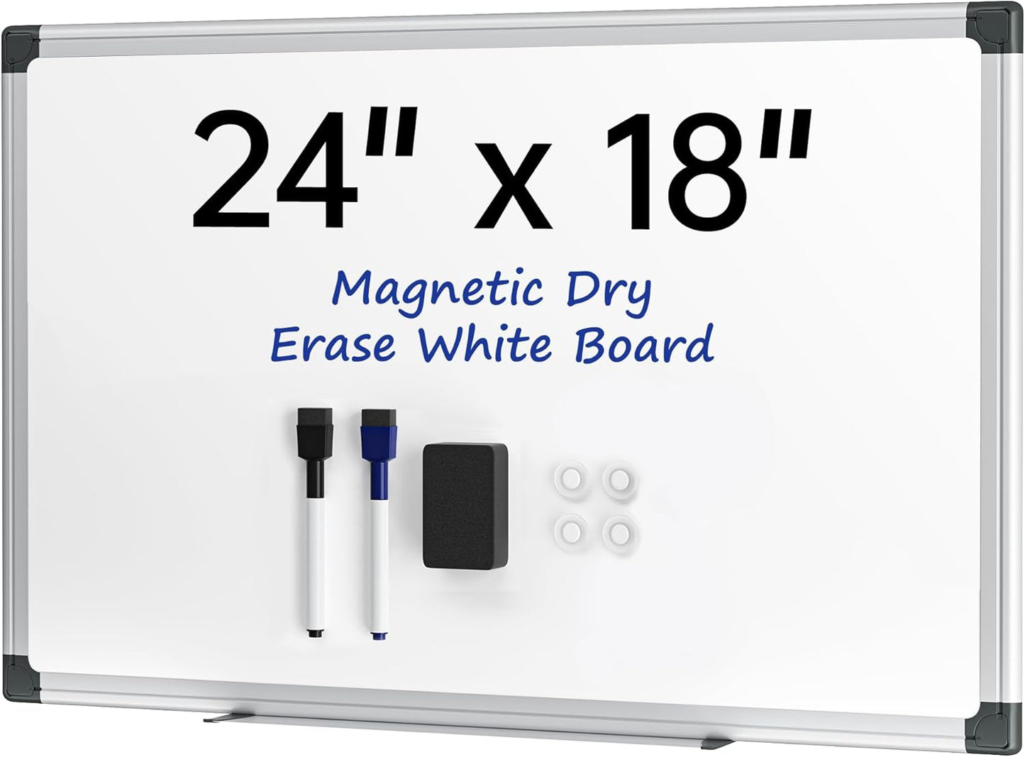 Magnetic White Board, 24 × 18 inches, Dry Erase Board for Wall, Silver Aluminium Frame, Hanging Whiteboard for Kids, Students, Office, Kitchen- Includes Markers, Magnets & Eraser