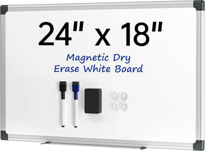 Magnetic White Board, 24 × 18 inches, Dry Erase Board for Wall, Silver Aluminium Frame, Hanging Whiteboard for Kids, Students, Office, Kitchen- Includes Markers, Magnets & Eraser