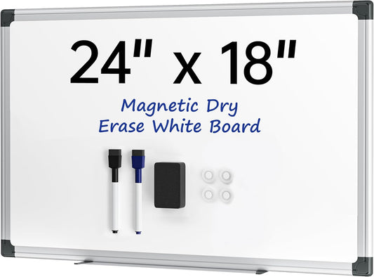 Magnetic White Board, 24 × 18 inches, Dry Erase Board for Wall, Silver Aluminium Frame, Hanging Whiteboard for Kids, Students, Office, Kitchen- Includes Markers, Magnets & Eraser