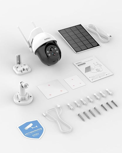 AOSU 3K/5MP Solar Security Cameras System Wireless Outdoor, Battery Powered WiFi Camera for Home Security, Panoramic PTZ, Auto Tracking, Human/Vehicle Detection, Color Night Vision (2 Pack)