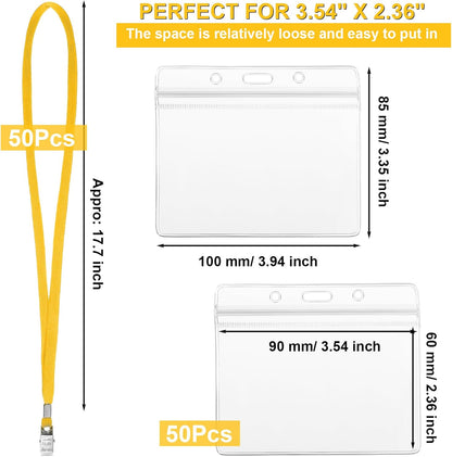 Marspark 50 Sets Clear Name Tags with Lanyard, Lanyards for ID Badges Reusable Strap with ID Holder Plastic Name Badges for Adults Business School Church Conference (Yellow)