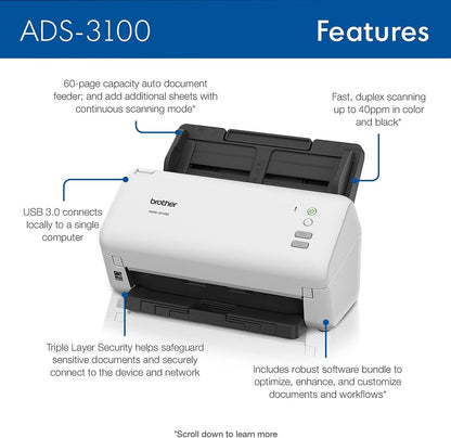 Brother ADS-3100 High-Speed Desktop Scanner | Compact with Scan Speeds of Up to 40ppm, White