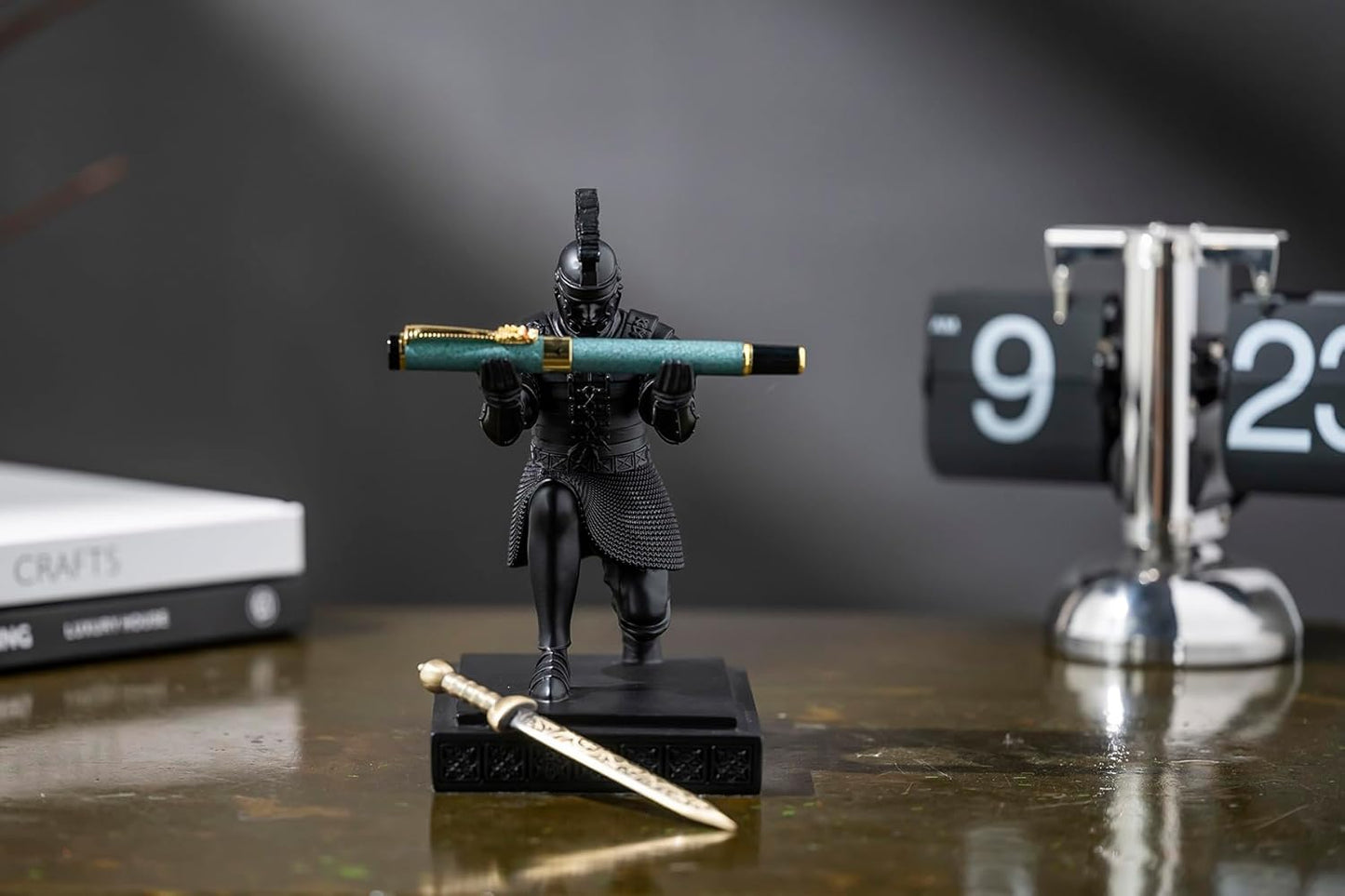 Roman Praetorian Warrior Knight Pen Holder Desk Ornament Resin Pencil Holder Desk Accessories and Organizer For Office with a Letter Opener (Black)