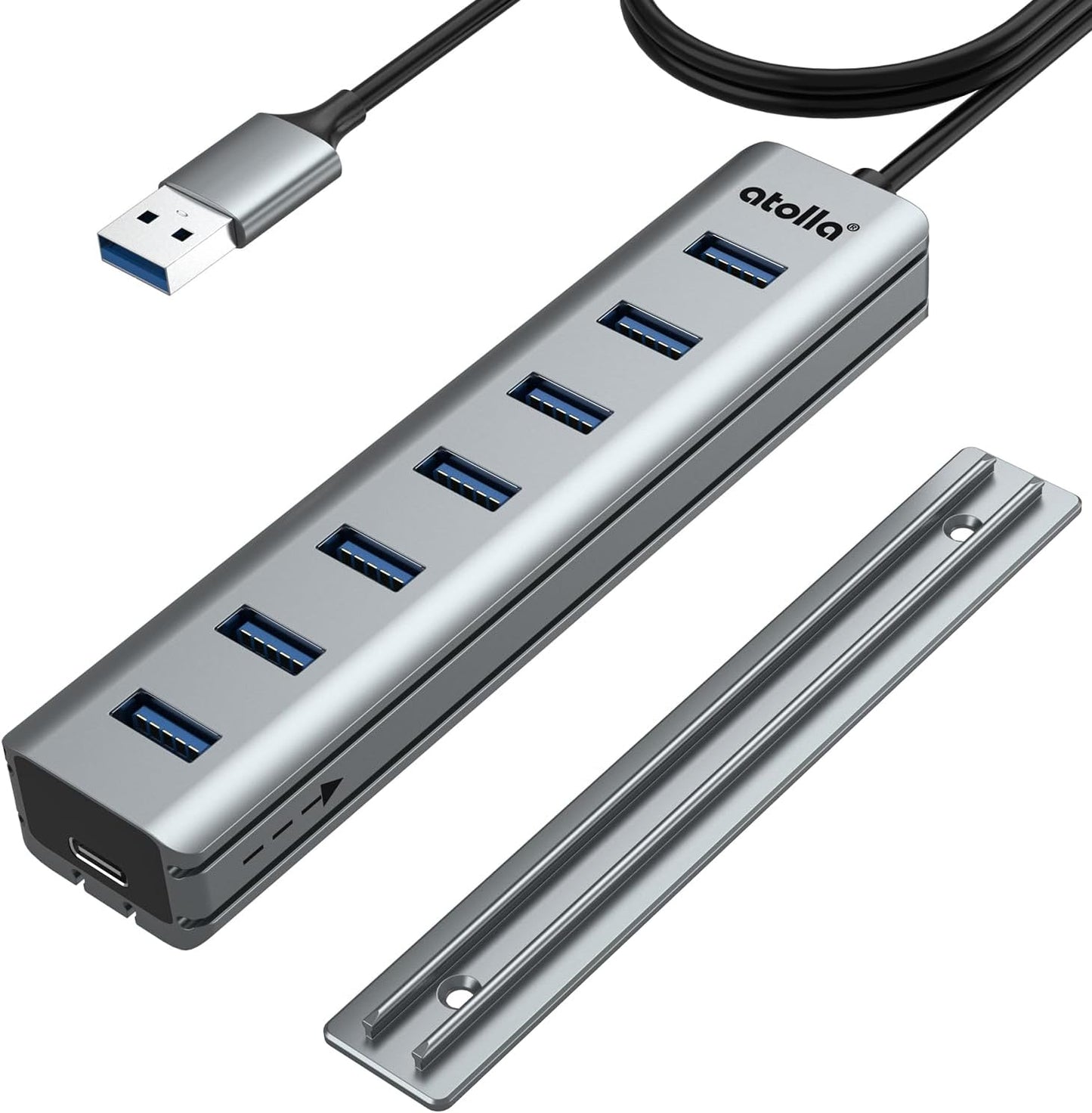 USB Hub 3.0, atolla 7-Port USB Hub Splitter with Sliding Rails for Fixing to Table/Host/Tile Wall Edges, Compatible with MacBook, Laptop, Surface Pro, PS4, PC, Flash Drive, Mobile HDD