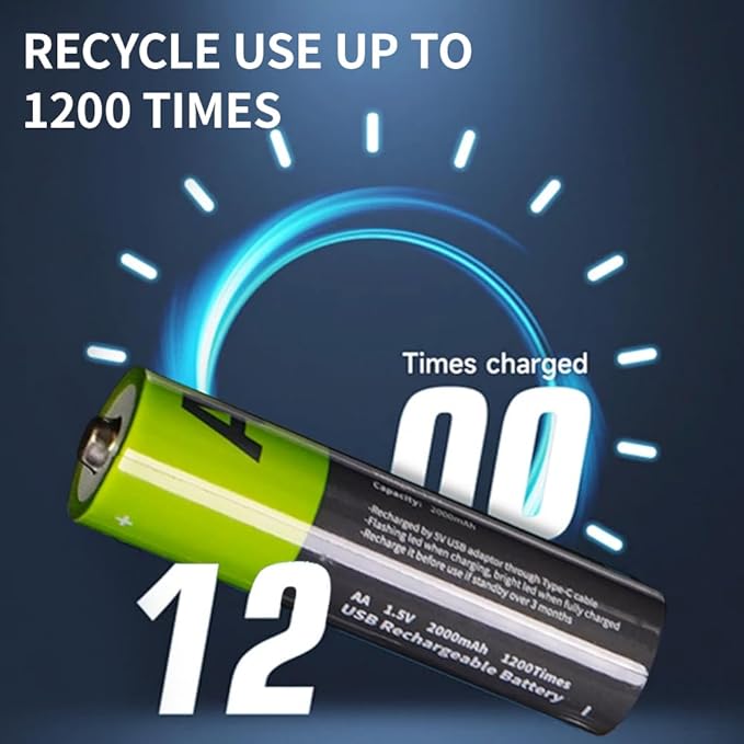 2000mAh USB-C Rechargeable AA Batteries, 1200 Cycles Life, Fast Charging with Type-C Cable, for Gaming Controllers, Mouse, Keyboard & Home Electronics, Black Green (4)