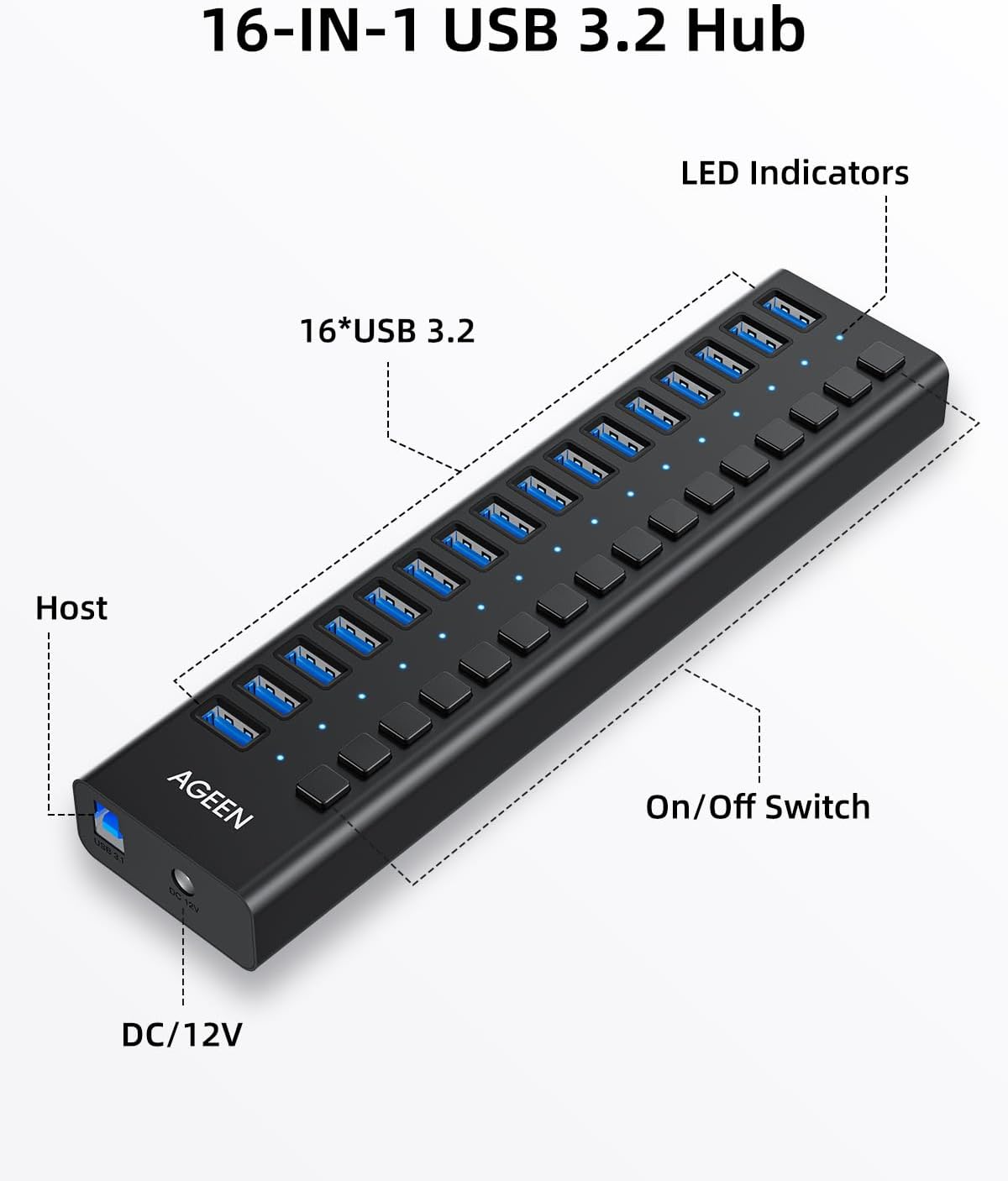 AGEEN 16-Port USB 3.2 Gen 2 Hub, 10Gbps High-Speed Aluminum Powered Hub with 96W Adapter, Individual Switches & Surge Protection for PC/Laptop, Flash Drive, Printer, Camera