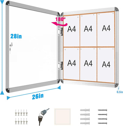 2 Pack 28"x26" Enclosed Bulletin Board, Lockable Weather-Resistant Aluminum Cork Noticeboard for School & Office, Silver Frame w/Cork