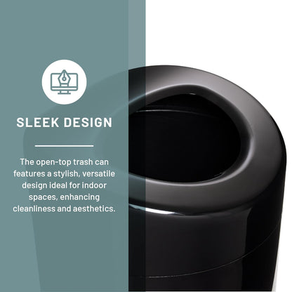 Safco Open Top Trash Can, 14 Gallon Stainless Steel, Modern Garbage Can for Indoor Use, Black