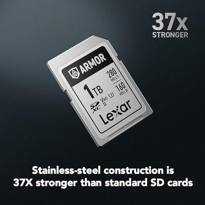 Lexar 1TB Armor Silver PRO SDXC Memory Card, UHS-II, C10, U3, V60, 6K UHD, Up to 280MB/s Read, Stainless Steel, for Professional Photographer, Videographer, Enthusiast (LSDAMSP001T-RNNNU)