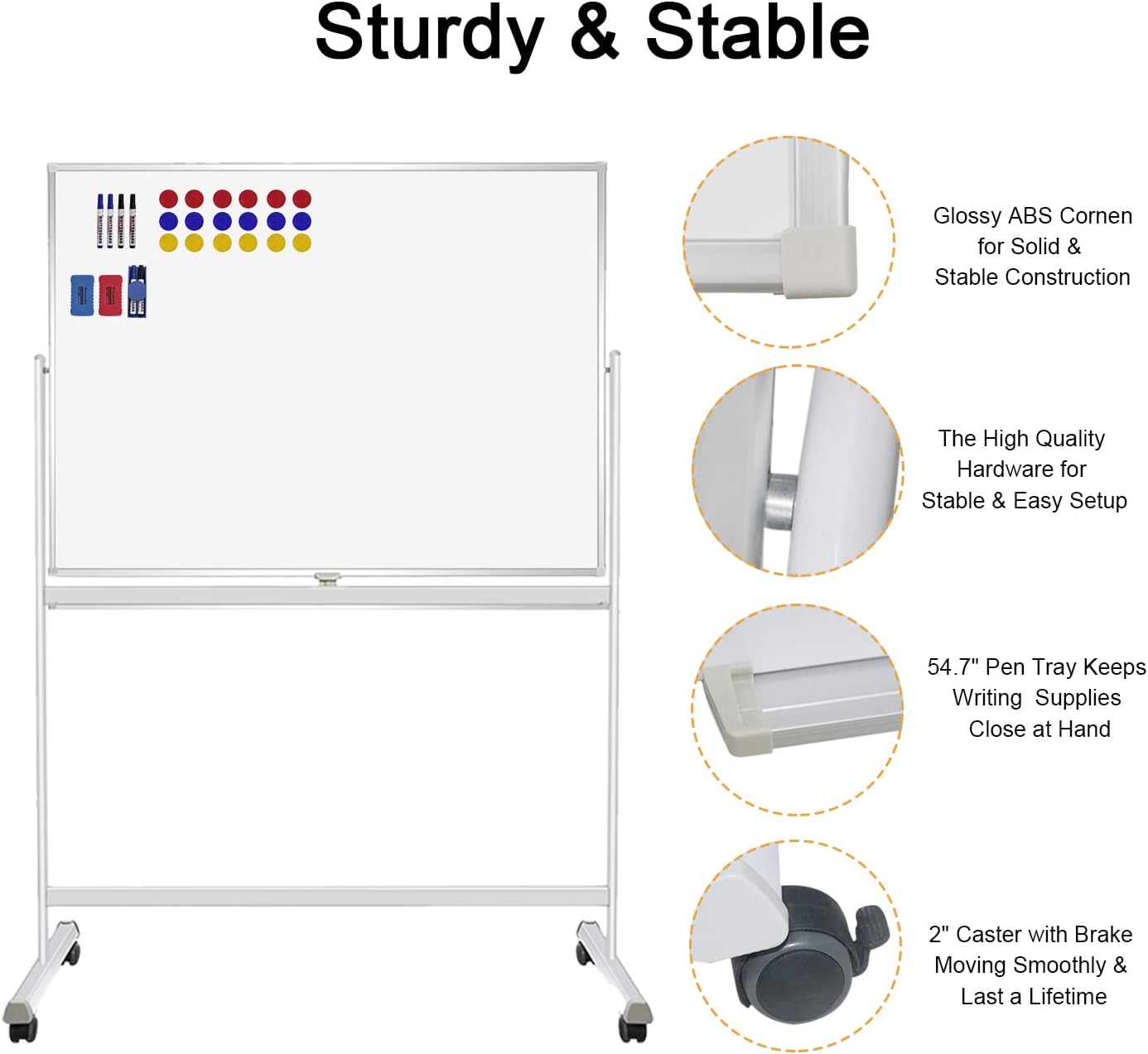 H-Qprobd Rolling Whiteboard with Stand 48"x36" Double-Sided Mobile Magnetic Dry Erase Board on Wheels for Home, Office & School