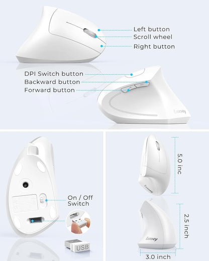 Lekvey Ergonomic Mouse, Vertical Wireless Mouse, Rechargeable 2.4G Optical Carpal Tunnel Mice with USB Receiver: 1000/1200 / 1600 DPI, 6 Buttons, for Laptop, Computer, PC, Desktop, Notebook, White