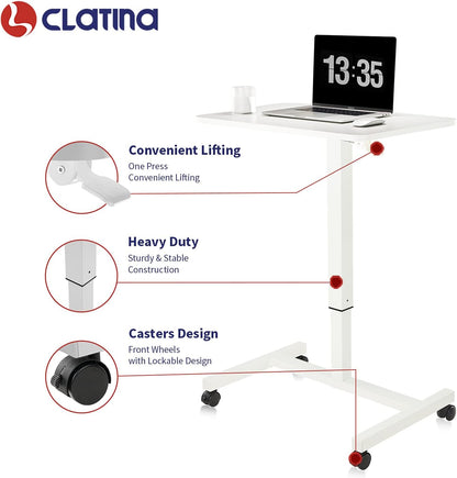 CLATINA Mobile Laptop Desk Pneumatic Sit to Stand Table Height Adjustable Rolling Cart with Lockable Wheels for Home Office Computer Workstation 28" x 19" White Round Edge Design Elegant