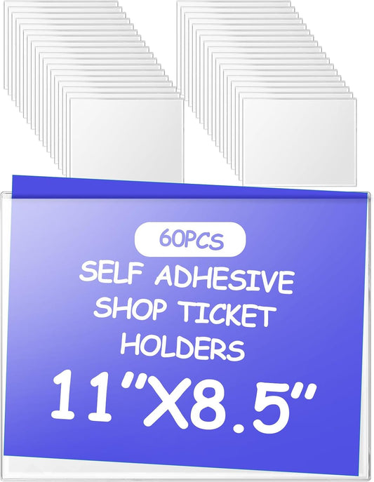 Outus Self Adhesive Shop Ticket Holders Clear Plastic Sleeves Adhesive Pockets Work Order Job Ticket Holders for Home Office Posting Signs(11 x 8.5 Inch,60 Pcs)