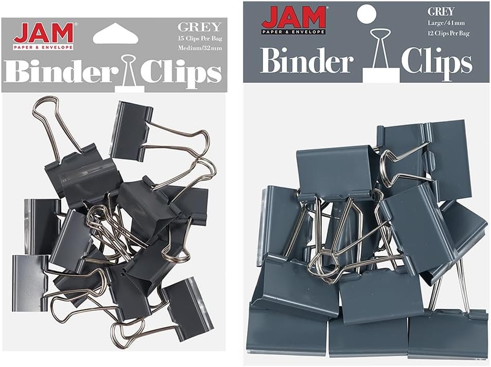 JAM PAPER Colorful Binder Clips Assortment - Medium & Large Size - Grey Binderclips - 27 Clips/Pack