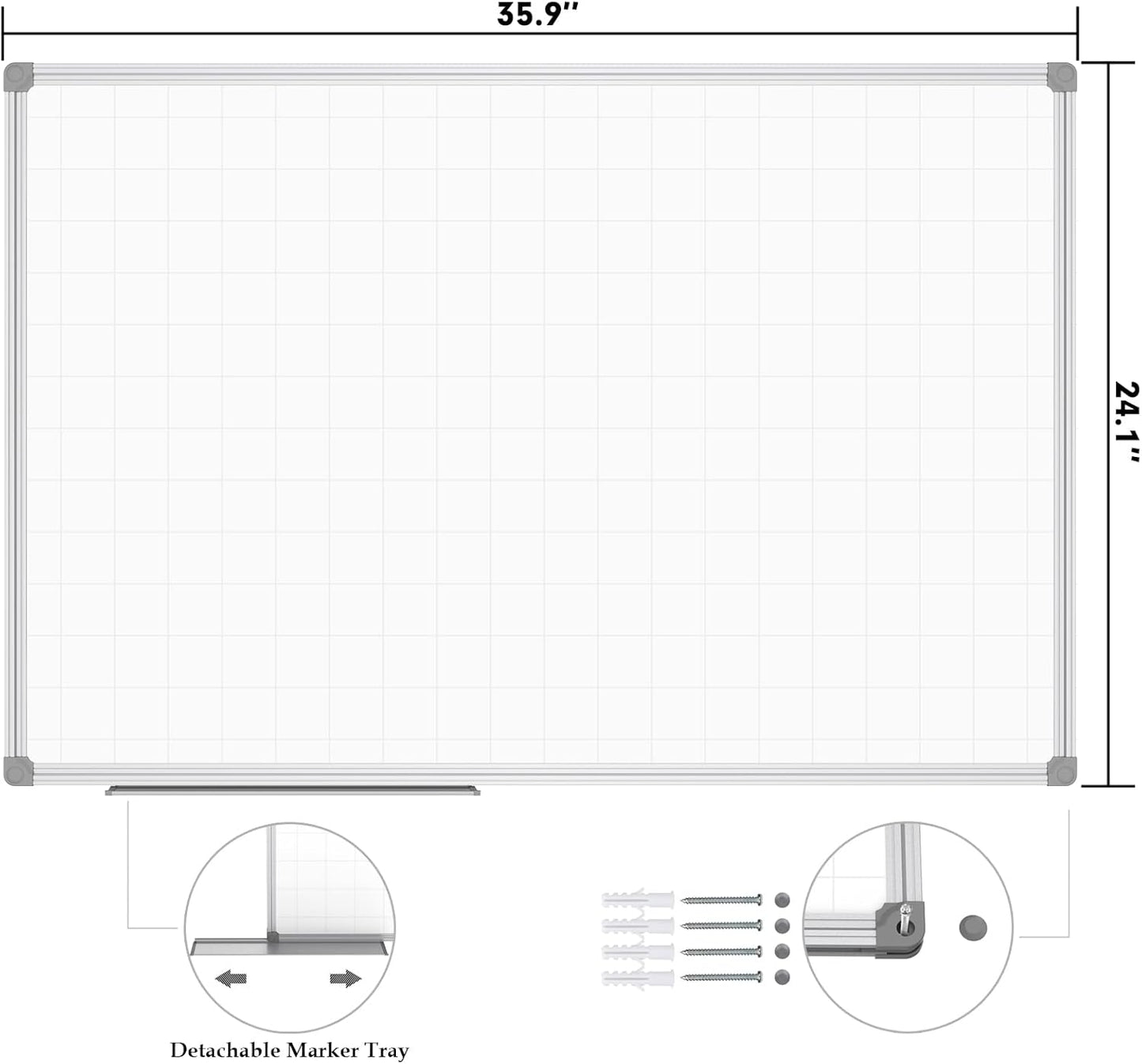 JILoffice Magnetic Dry Erase Planning Board, Grid Pattern White Board 36 x 24 Inch, Silver Aluminum Frame with Detachable Marker Tray for Office School and Home