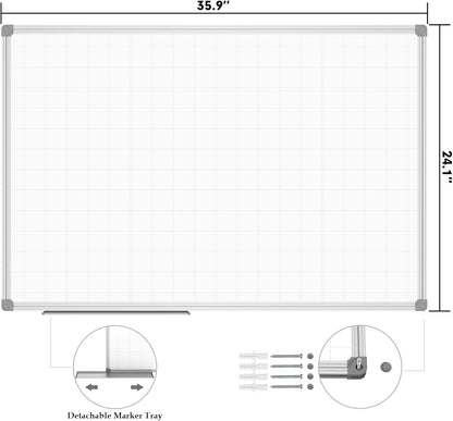 JILoffice Magnetic Dry Erase Planning Board, Grid Pattern White Board 36 x 24 Inch, Silver Aluminum Frame with Detachable Marker Tray for Office School and Home
