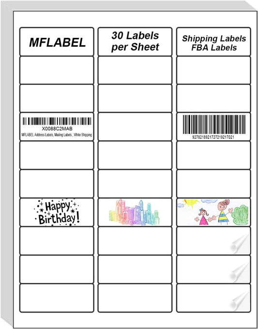 MFLABEL Address Labels, 1" x2-5/8 Mailing Labels, 30-UP White Shipping Labels for Inkjet or Laser Printer, 3000 Sticker Labels (100 Sheets), 30 Labels per Sheet