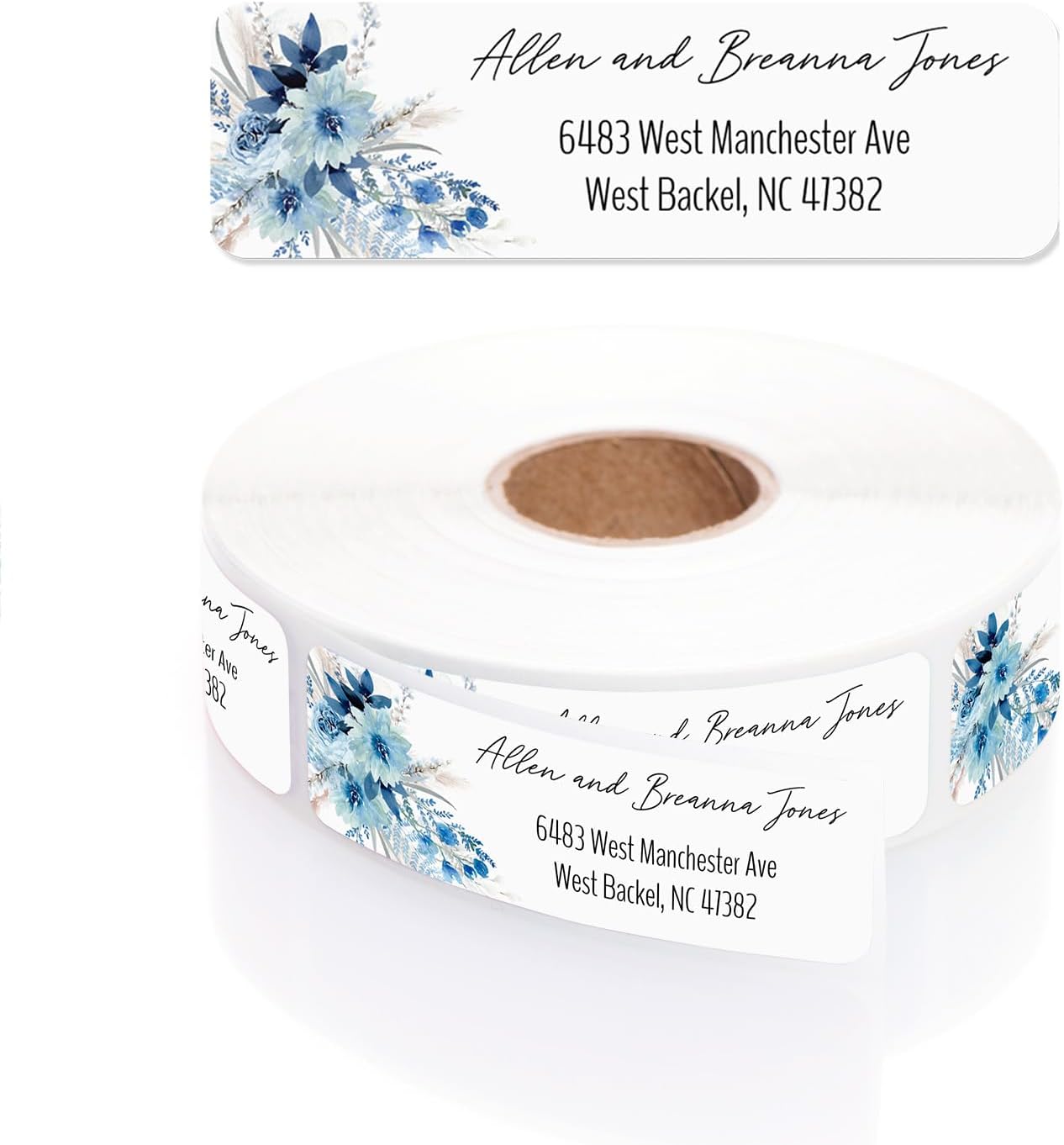 Blue Floral Rolled Address Labels / 500 Personalized Return Address Labels/Designer Address Stickers in Elegant Plastic Dispenser