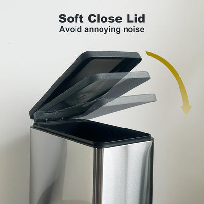 12 Gallon Trash Can with Lid，45L Kitchen Garbage Can,Stainless Steel Trash Can for Narrow Spaces with Soft-Close Lid, Inner Bucket, and Step-on Pedal