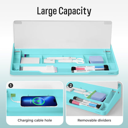 LOUKIN Glass Desktop Whiteboard, 15.3" x 5.6" Dry Erase Desk Board with Dotted and Graduated Surface, Desktop Buddy, Great for Design and Drawing, 3 Markers and 1 Dry Erase Eraser Included (Sky Blue)