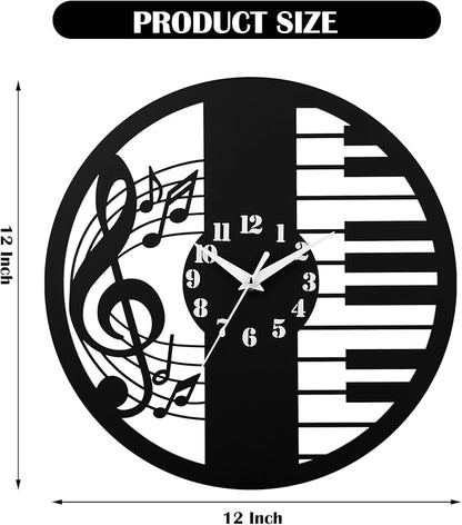 12 Inch Music Themed Wall Clock - Piano Key & Musical Note Design, Silent and Battery Operated - Perfect for Music Room, Studio Decor - Gift for Pianists, Musicians & Music Lover