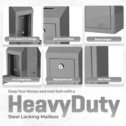 Metal Donation Box-Suggestion Box with Slot and lock-Cash Lock box for Money-Waterproof Drop Box-Comment and ballot voting box-comes with pre-drilled holes for easy wall mounting 10 X 6 X 2.5"(Gray)