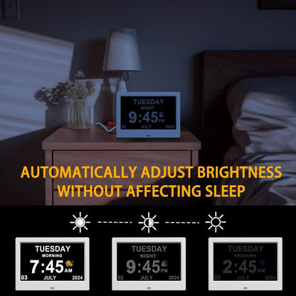 Alarm Clock with Day and Date for Elderly Digital Calendar Clock Photo Frame- Auto Dimmable Display 15 Alarm Options (7inch White)