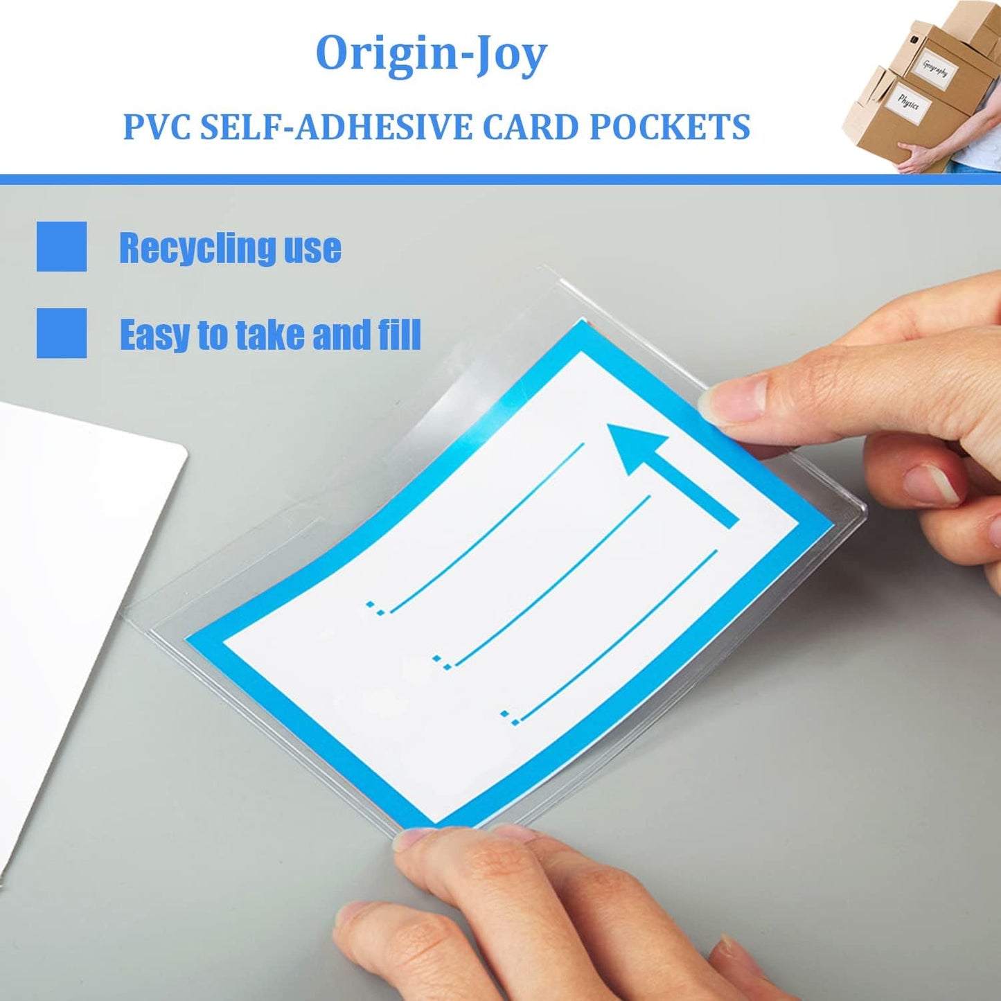 Origin-Joy 35 PCS Self Adhesive Index Card Pockets with Top Open, Clear Plastic Label Holder for Cards of Note, Library and Business, Adhesive Label Pockets & Card Holder (8.5 x 3.5 inch)