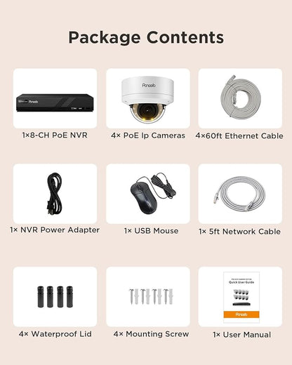 4K Home Security Camera System, 4pcs 8MP Wired IP Vandal IK10 Dome Cameras Outdoor, AI Person Vehicle Detection, Smart Color Night Vision, 2 Way Audio, 4K 8CH NVR with 2TB HDD, PD54Y0408-8M