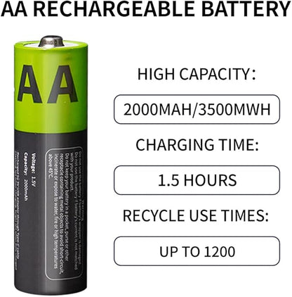 2000mAh USB-C Rechargeable AA Batteries, 1200 Cycles Life, Fast Charging with Type-C Cable, for Gaming Controllers, Mouse, Keyboard & Home Electronics, Black Green (24)