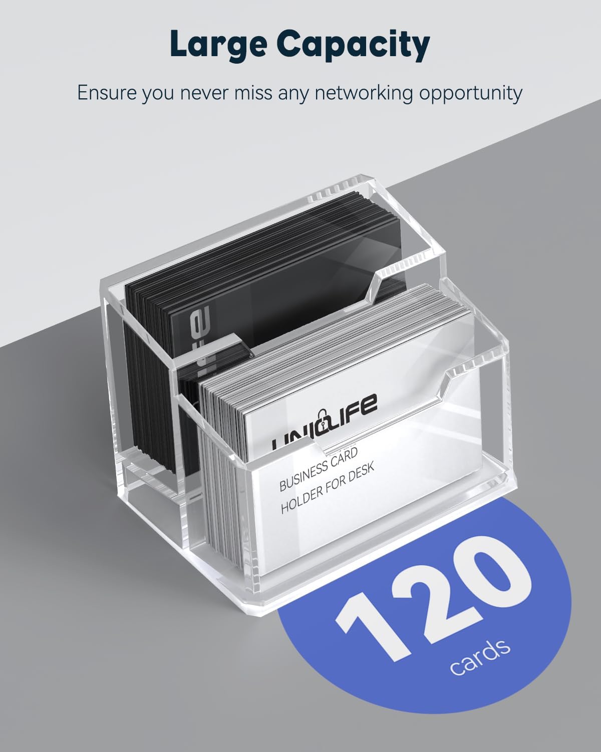 Uniclife Acrylic Business Card Holder for Desk 2 Slots Clear Business Card Display Stand for Men & Women Desktop Business Card Organizer Card Stand for Office Home Exhibition, 120 Card Capacity