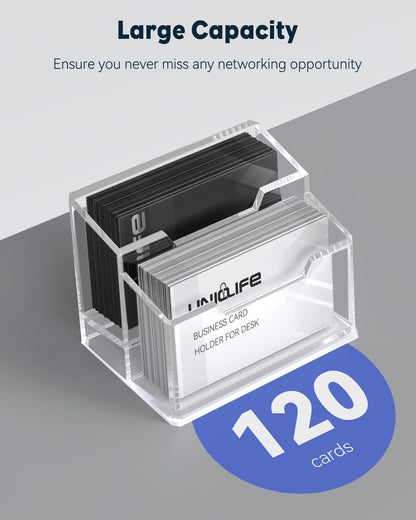 Uniclife Acrylic Business Card Holder for Desk 2 Slots Clear Business Card Display Stand for Men & Women Desktop Business Card Organizer Card Stand for Office Home Exhibition, 120 Card Capacity