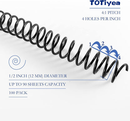 TOTiyea 100 Pack Plastic Spiral Binding Coils, 12mm(1/2") Binding Spirals, 90 Sheet Capacity, 4:1 Pitch, Black