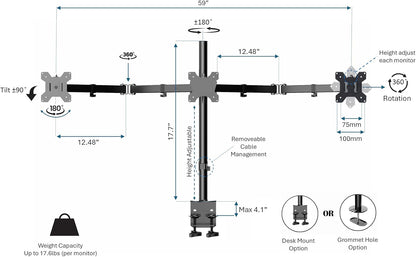 Rocelco 46" Electric Standing Desk Converter with AC Outlet USB Charger and Triple Monitor Arm Mount - Motorized Adjustable Sit Stand Riser - Tabletop Workstation Keyboard Tray - Black (R EDRB-46-DM3)