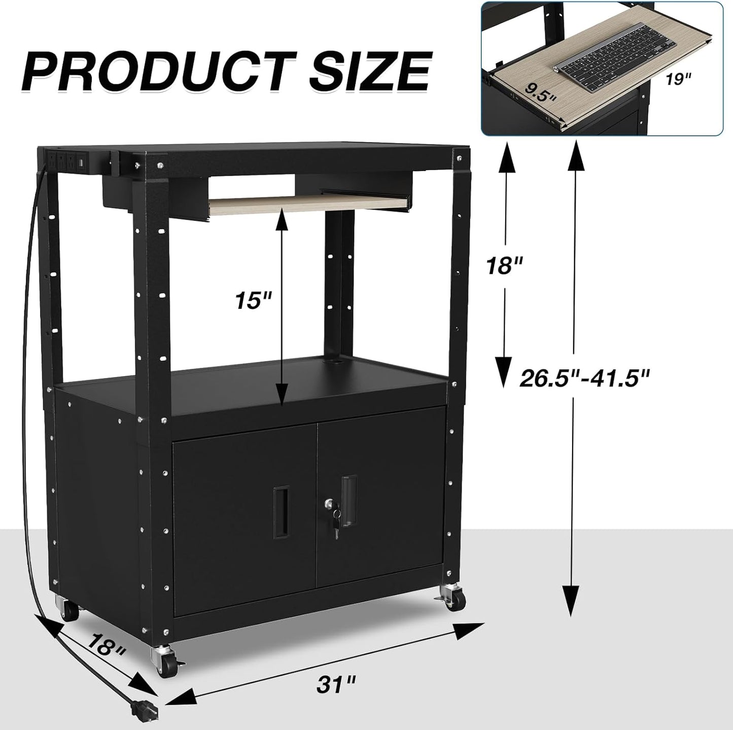 AV Cart, Adjustable-Height Rolling Computer Cart with Charging Station, Steel AV Presentation Cart with Locking Cabine & Keyboard Tray, Multipurpose Utility Cart Mobile Workstation for Office, Black