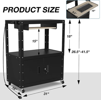 AV Cart, Adjustable-Height Rolling Computer Cart with Charging Station, Steel AV Presentation Cart with Locking Cabine & Keyboard Tray, Multipurpose Utility Cart Mobile Workstation for Office, Black