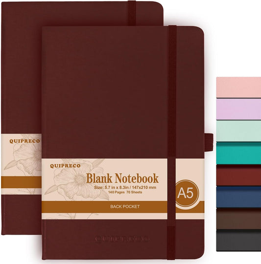 2Pack Blank Hardcover Sketch Book Notebook, A5 140 Pages 120Gsm Thick Journal for Drawing,School,Work,Diary，5.7''*8.3'',Burgundy